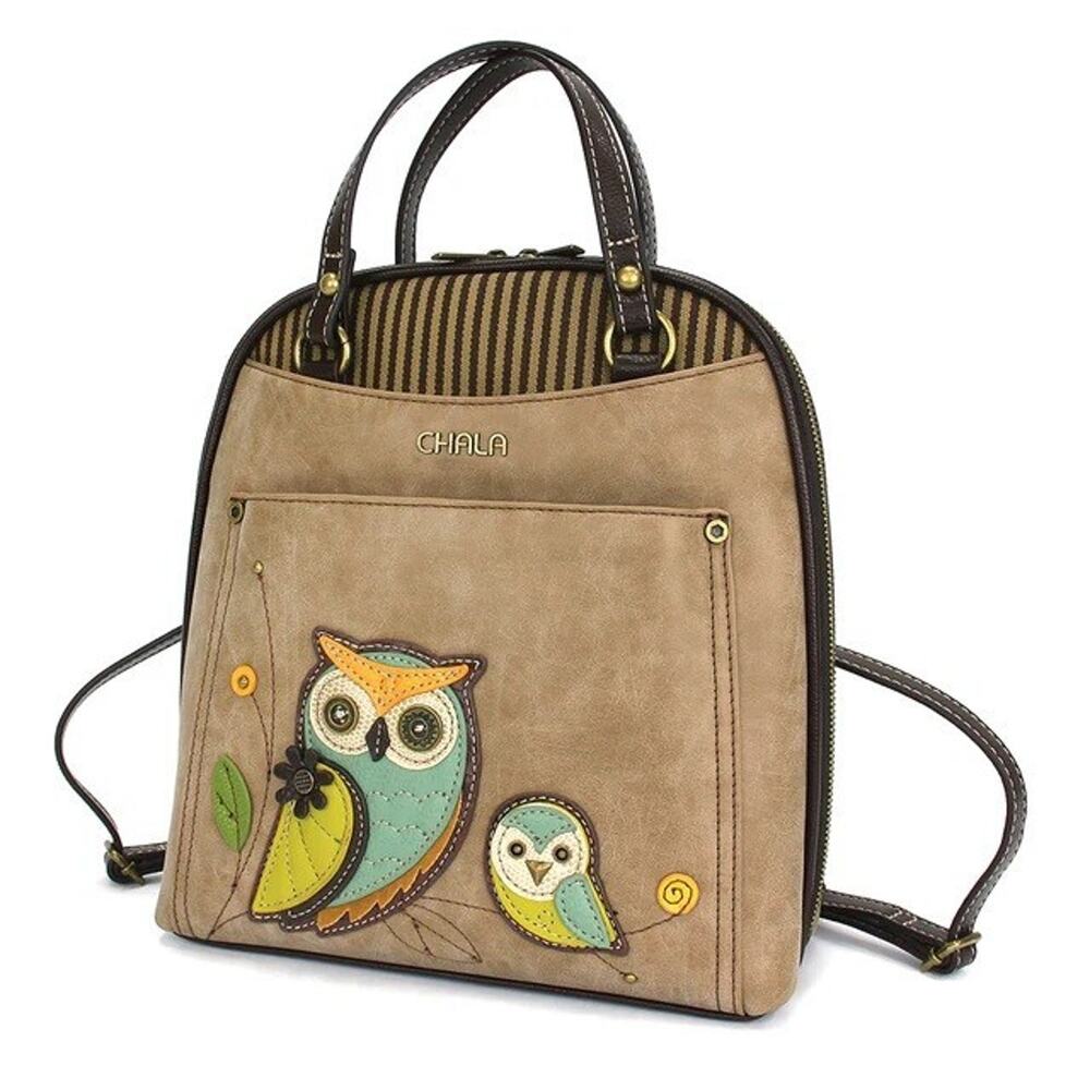Chala Convertible Faux Leather Backpack Purse - Owls, Taupe NWT